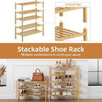 5 Tier Bamboo Shoe Rack Storage Organizer for Closet, Multifunctional Stackable Free Standing Shoe Shelf Organizer for Small 