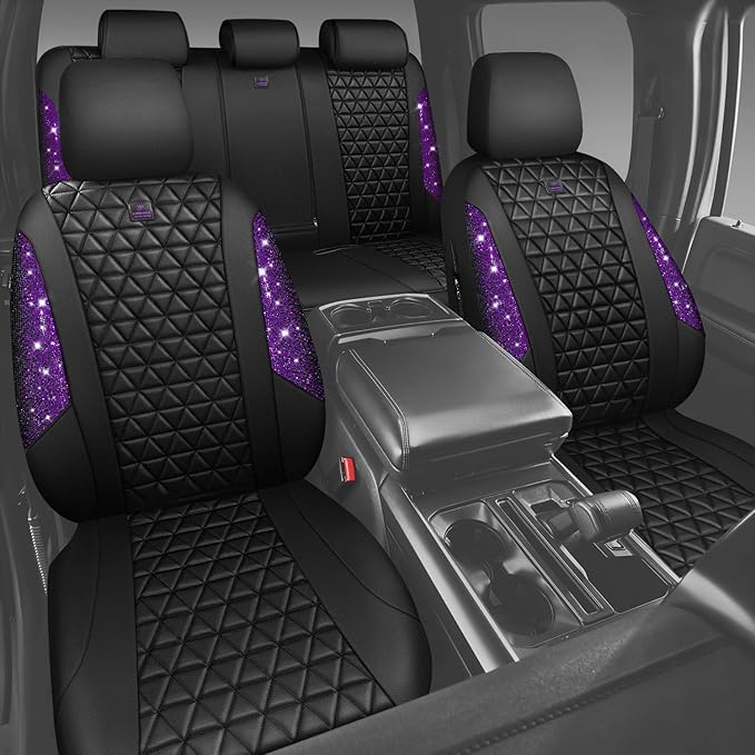CAR PASS Bling Diamond Leather Car Seat Covers Full Seats Interior Sets, Waterproof Shining Glitter Sparkly Crystal Universal