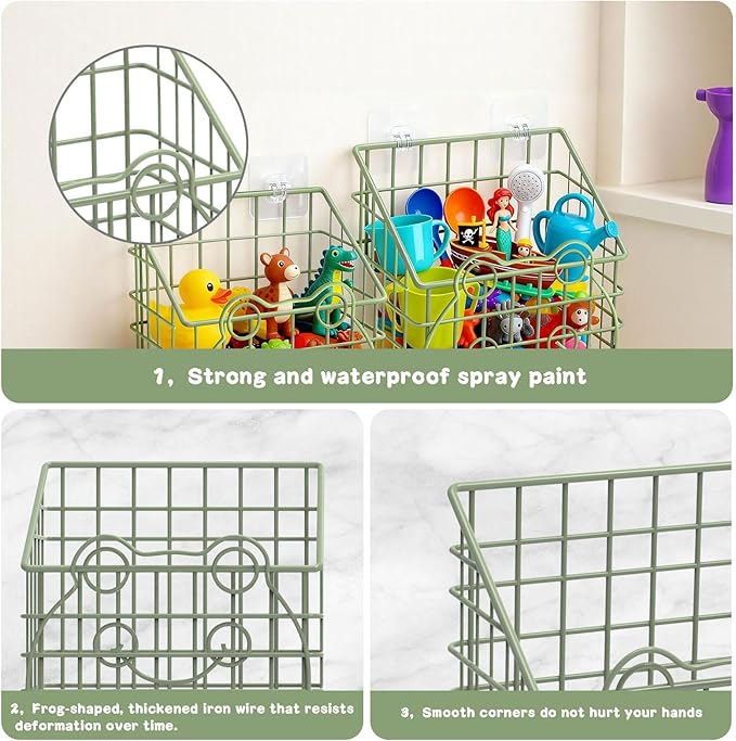 Greentainer 2 PackBath Toy Organizer, Wall Mounted Shower Storage Basket - Metal Bathtub Toy Holder with Hooks for Sorting Ki