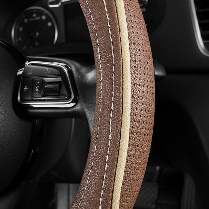 CAR PASS Brown Delux Leather Steering Wheel Cover, Universal Fit for Suvs,Sedans,Vans,Small Trucks for 14.5" to 15"(Brown & B