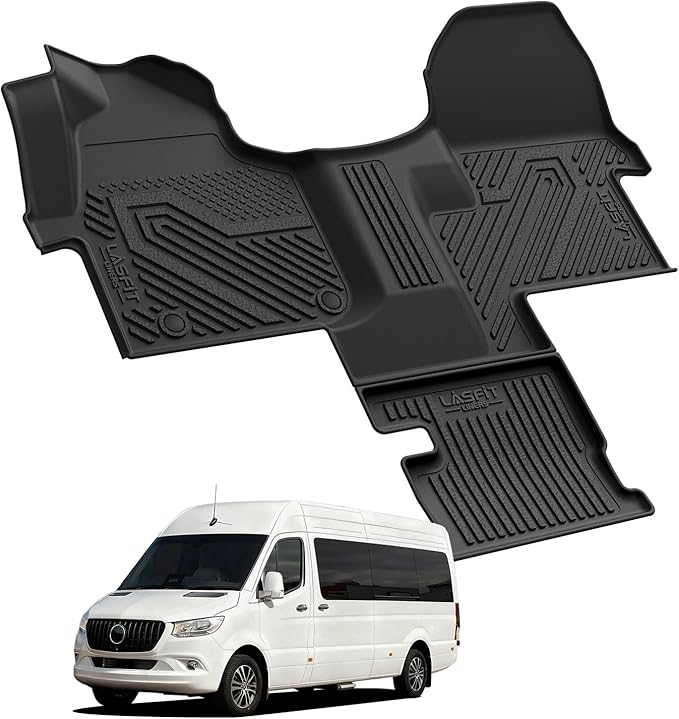 LASFIT Floor Mats for Mercedes Benz Sprinter 1500/2500/3500 2026 2025 2024 2019-2023 (Fit Cargo Van & Cab Chassis), All Weatehr TPE Floor Liners Custom Fit Sprinter 1st Row with Center Aisle Liner