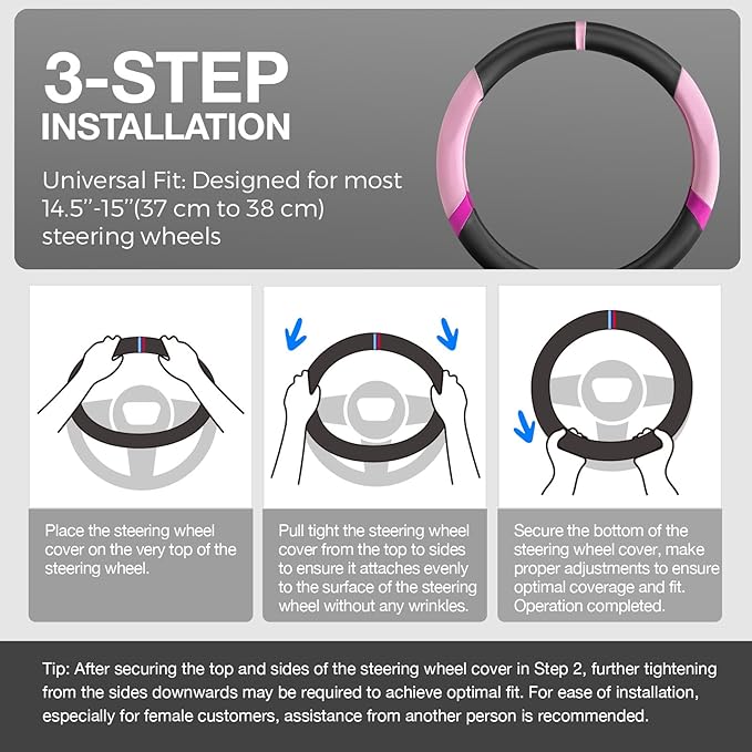 15'' Non-Slip Steering Wheel Cover for Women and Men– Made with Durable NAPA Leather for a Luxurious Feel, Breathable, Easy to Install, and Ideal for Everyday Use or Extended Road Trips (Pink B)