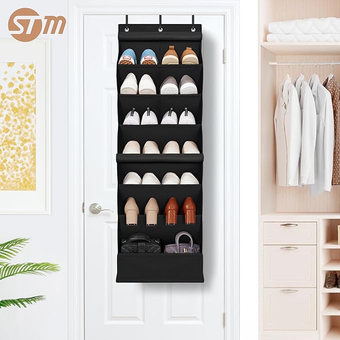 STORAGE MANIAC Over the Door Shoe Organizer with Curtain Dustproof Heavy-Duty Large Deep Pocket Hanging Shoe Organizer for Cl