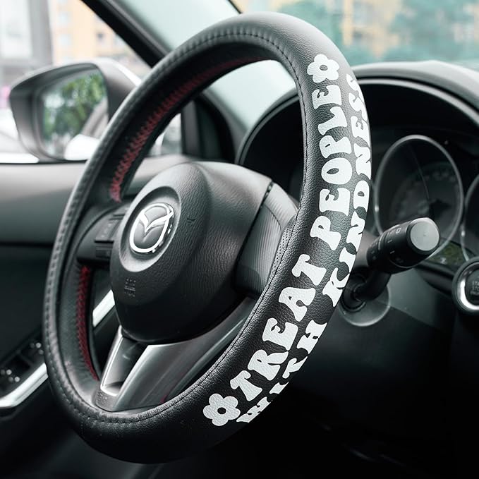Treat People with Kindness Car Leather Steering Wheel Cover - 15-inch Universal Microfiber- Soft & Breathable & Silicone Anti