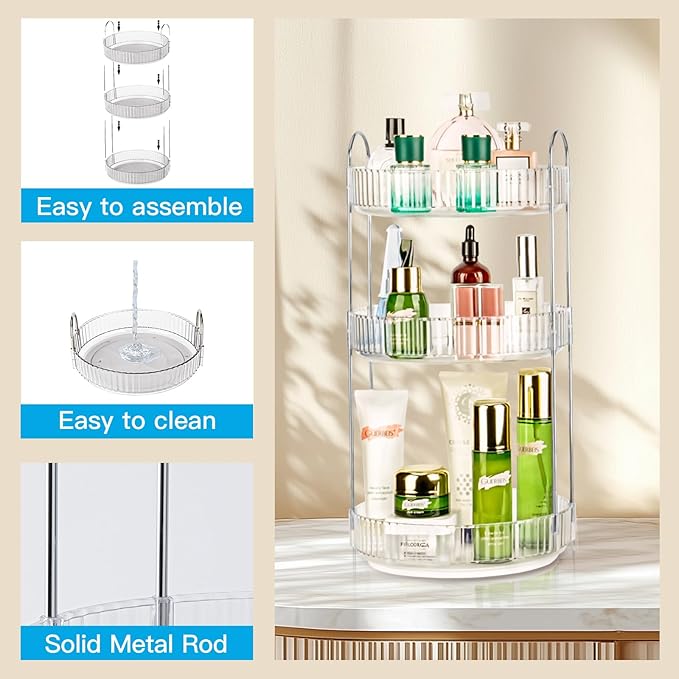 360 Rotating Makeup Organizer, 3 Tier Large Capacity Lazy Susan Bathroom Counter Organizer, Skincare Organizers, Spinning Per