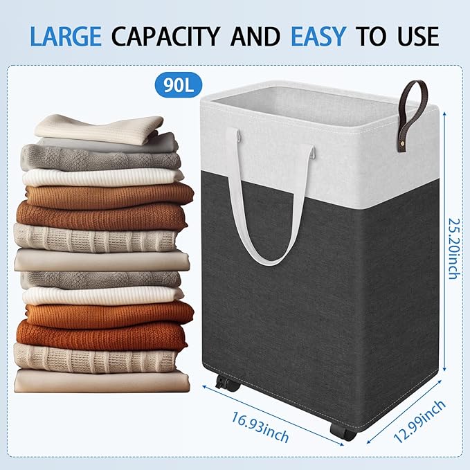 HomeHacks Laundry Basket with Wheels, Rolling Laundry Hamper, Collapsible & Waterproof Clothes Hamper, Narrow Corner Bins wit