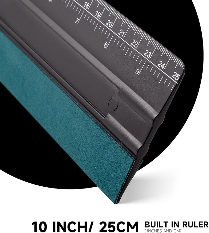 FOSHIO 10 Inch Felt Squeegee for Vinyl wtih Ruler 25CM 4 Round Corners Universal Card, Window Tint Film Installing Hard Black PP Car Vinyl Wrap Scraper Tool