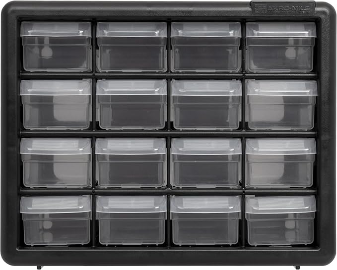 Akro-Mils 16-Drawer Plastic Storage Cabinet | 10-1/2 x 6-1/2 x 8-1/2 Inch | Black | Model 10116 | Garage Organization