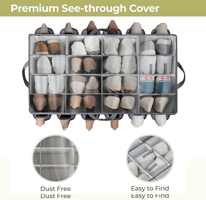 Shoe Organizer for Closet, Shoe Storage Solution with Clear Cover & Adjustable Dividers, Fabric Shoe Box Fits 16 +12 Pairs Sh
