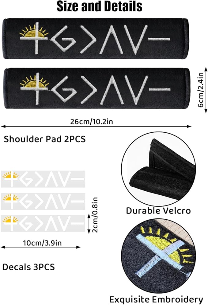 2 Pack Car Seat Belt Cover Pads with 3 PCS God is Greater Than the Highs and Lows Rearview Mirror Stickers, Christian Car Accessories Set for Women and Men