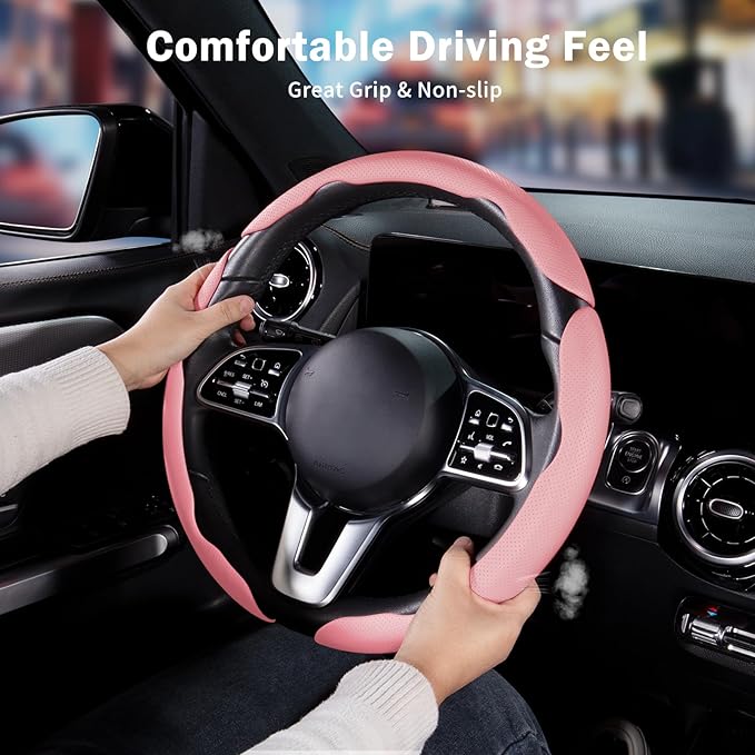 Nappa Leather Car Steering Wheel Cover for Men Women, Ultra-Thin Non-Slip Breathable Microfibre, Universal for 14.5"-15" Stee