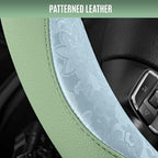 PIC AUTO Steering Wheel Cover, Light Blue Patterned & Green Leather Patchwork Design, Universal Fit 14.5"–15.5", Anti-Slip, O