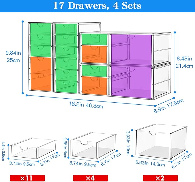 ARSTPEOE Makeup Acrylic Organizer with 17 Drawers(4 Sets), Desk Organizers and Accessories, Clear Makeup Organizer, Dustproof