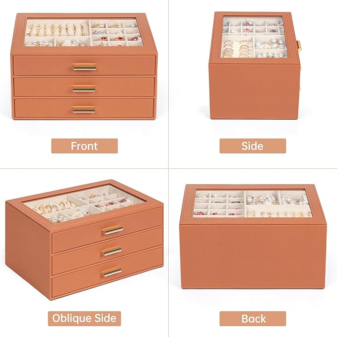 AKOZLIN Jewelry Box with Clear Lid Functional Leather Jewelry Storage Organizer Case 3 Drawers for Women Girls Necklace Ring 