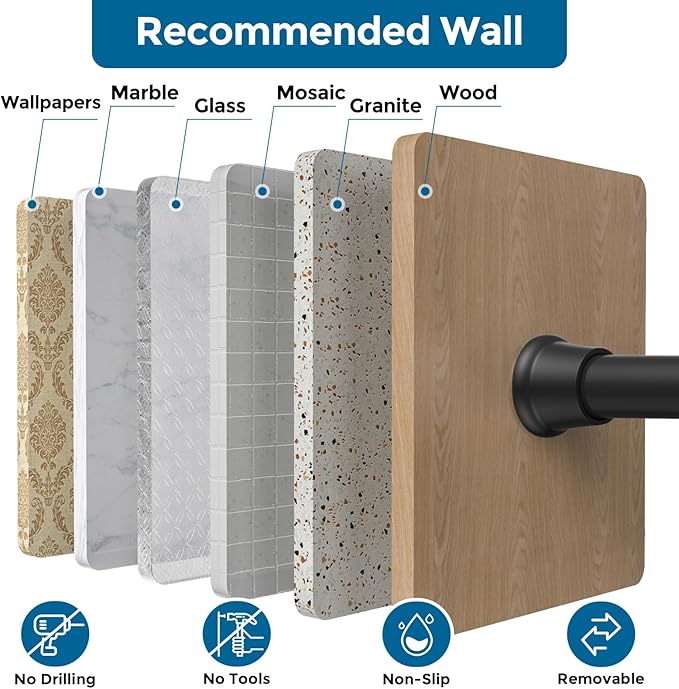 AIZESI Black Adjustable Tension Shower Curtain Rod, 31-77 Inch Spring No Drill Stainless Steel Shower Rods for Bathroom，Close