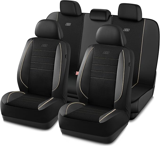 Skechers Air-Cooled Memory Foam Seat Cover, Mesh Thick Car Seat Covers,Piping Leather Car Seat Cover Full Sets,Airbag Compati