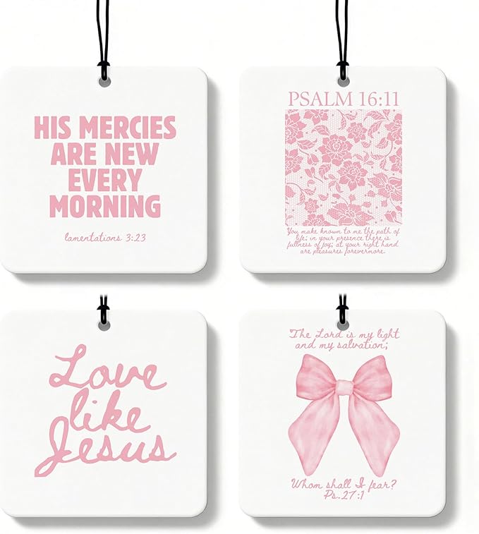 Pink Christian Car Air Freshener 4 Pcs, Girly Pink Bow Floral Religious Hanging Air Freshener for Cars Closet Drawer Books, C