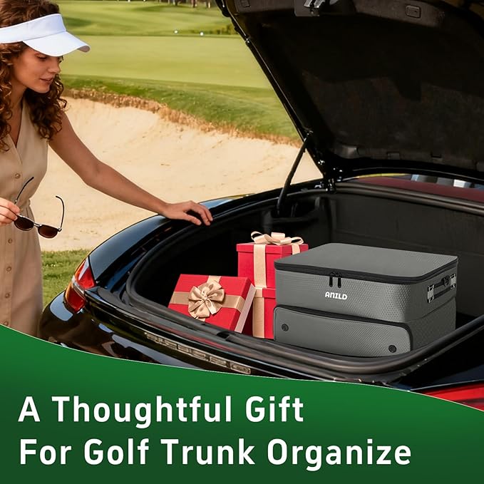 ANILD Golf Trunk Organizer, 2 Layer Golf Storage Case with Separate Ventilated Compartment for 2 Pair Shoes, for Balls, Tees,
