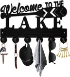 Lake House Key Holder Black Key Holder Wall Mount 11.8 x 7.5 Inch Welcome to The Lake Wooden Keychain Hanger Organizer Rack w