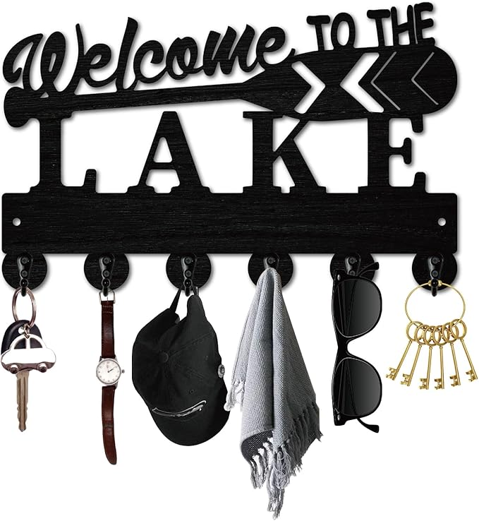 Lake House Key Holder Black Key Holder Wall Mount 11.8 x 7.5 Inch Welcome to The Lake Wooden Keychain Hanger Organizer Rack w