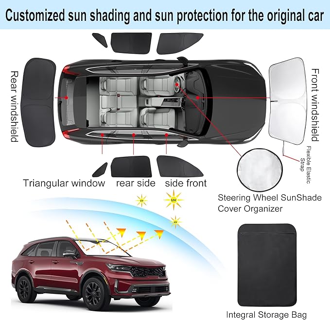 TINGLU Window Shades for Kia Sorento SUV 2021-2025 2026 Accessories Side Full Windows Rear Triangular Windshield Sun Shade Sun UV Rays & Privacy Protection for Camping,Napping,and Relaxing 8PCS