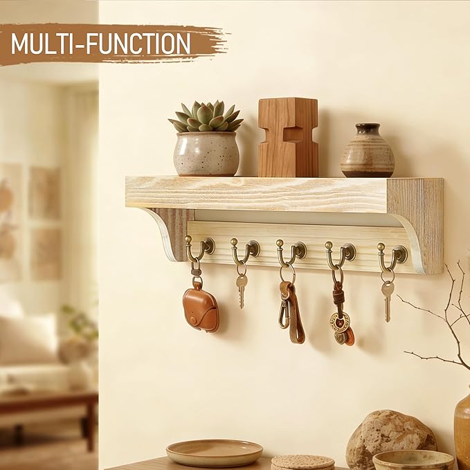 Rebee Vision Farmhouse Pine Wood Key Holder Wall Mount for Room Decor - Rustic Key Holder for Wall with Shelf for Small Plant