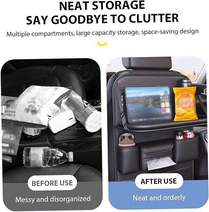 Car Backseat Organizer, Leather Car Storage Organizer with Foldable Table Tray, Tablet Holder, Seat Back Protectors Kick Mats Travel Accessories Back Seat Storage
