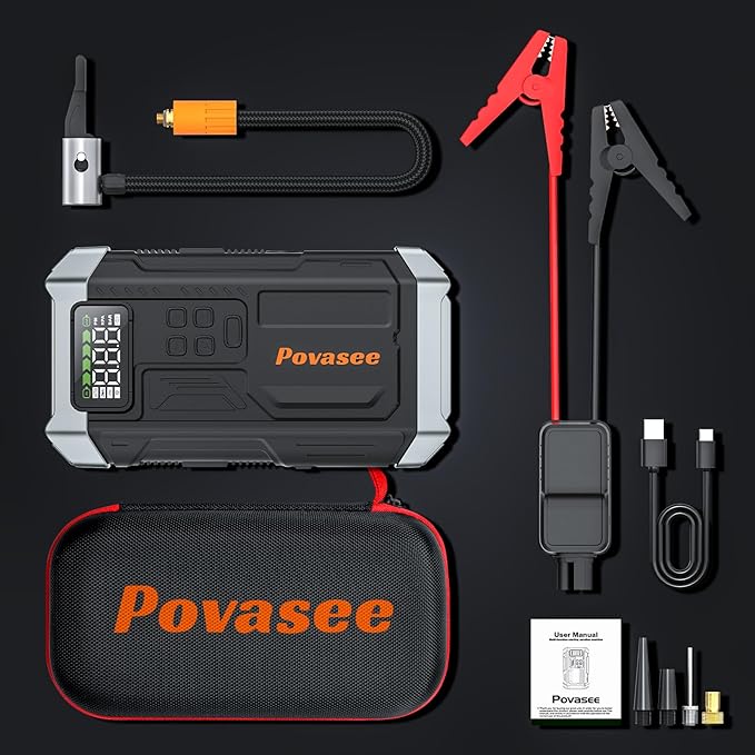 Povasee Jump Starter with Air Compressor 5000A Portable Jump Box up to 9L gas/8L Diesel,inflates Tires to 150PSI 12V Car
