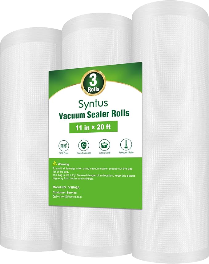 Syntus Vacuum Sealer Bags for Food, 3 Rolls 11" x 20' Commercial Grade Bag Rolls, BPA Free Food Vac Bags for Storage, Meal Pr
