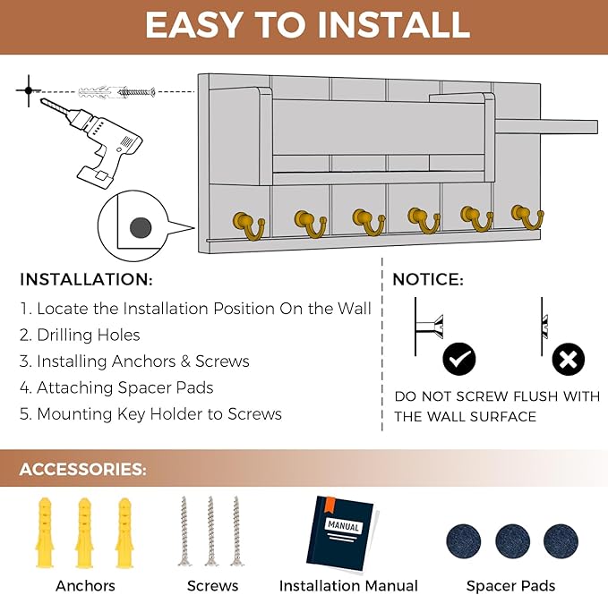 RelaxScene Key Holder Wall Mount - Key Hooks for Wall Decor Living Room - Wooden Key Hanger Rack and Mail Organizer with Shel