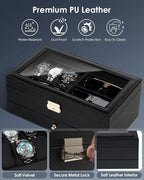 Kukikan Watch Jewelry Box Organizer, 6-Slot 2-Layer Watch Case and Sunglasses Storage with Large Glass Lid, Mens Jewelry
