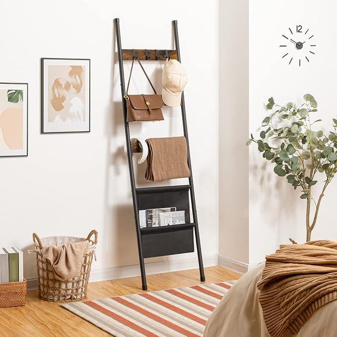 HOOBRO Blanket Ladder, 5 Tier Towel Rack, 17.3" L x 63" H, Wall-Leaning Blanket Rack for Living Room, Decorative Ladder with 
