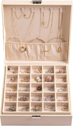 Frebeauty Earring Organizer Classic Jewelry Box 50 Slots Double Layer Jewelry Storage Case with 6 Necklace Hook and Bracelet 