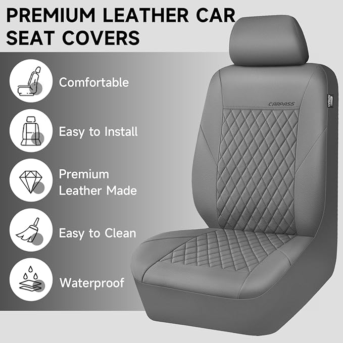 CAR PASS Quilting Faux Leather Seat Covers Full Set, Waterproof Deluxe PU Premium Auto Seat Cover, Breathable Seat Covers Uni