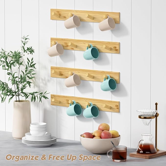 Forbena Natural Wood Coat Rack Wall Mount Set of 4, Wooden Wall Hooks for Bathroom Towels, Vertical Coat Hanger for Kids Room