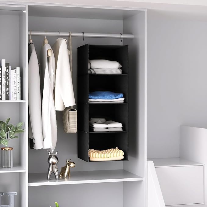Hanging Closet Organizer, Easy Mount Foldable 4-Shelf Hanging Closet Wardrobe Storage Shelves, Clothes Handbag Shoes Accessor