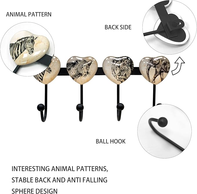 Coat Rack Wall Mounted with 4 Hook, Heart Glass Finishes Animal Pattern Elephant Lion Zebra Leopard Decorative Wall Hooks for