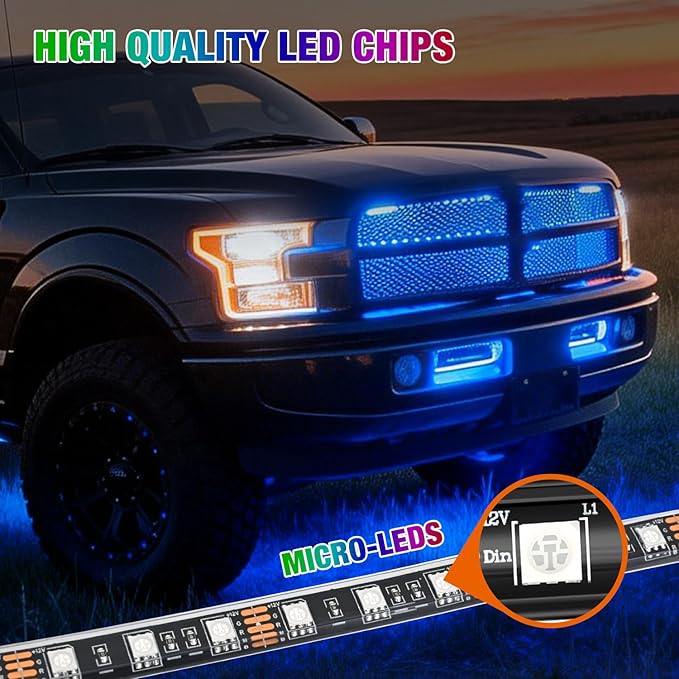 Nilight 4Pcs 12inch LED Grille Lights 72 LEDs RGB Multi Color Exterior Lighting Kit DIY Sound Active Function Music Mode with APP Control and Remote for Cars Van SUV Truck