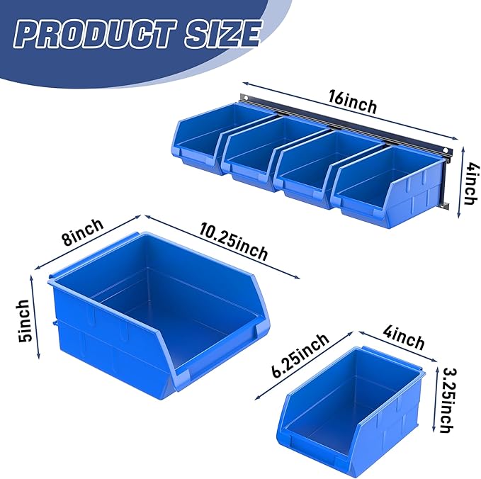 WALMANN Wall Mounted Storage Bins for Small Parts, 10 Bins with 3 Metal Rails, Plastic Wall Bins for Screws, Bolts, Nuts, Cra