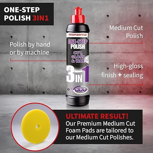 menzerna All-in-One polishing Kit I Car polishing Set with Menzerna One-Step Polish 3in1 (16oz) and 6 Inch Polishing Pad I Moderate Scratch Remover, high Gloss and Wax Kit for All Types of Vehicles