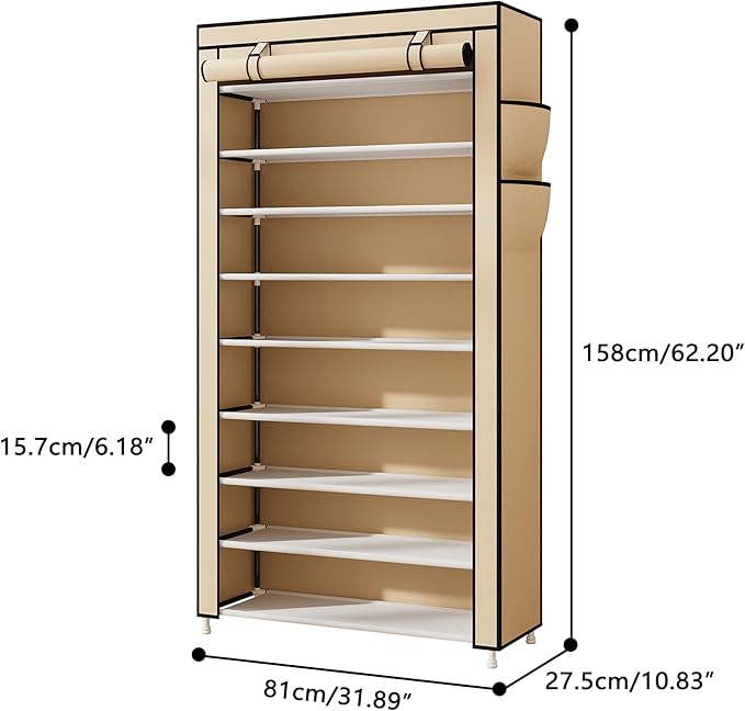 Laiensia 9-Tier Shoe Rack ，Space Saving Shoe Storage Organizer Non-Woven Cover Shoe Shelf Holds 36-45 Pairs for Bedroom, Hall