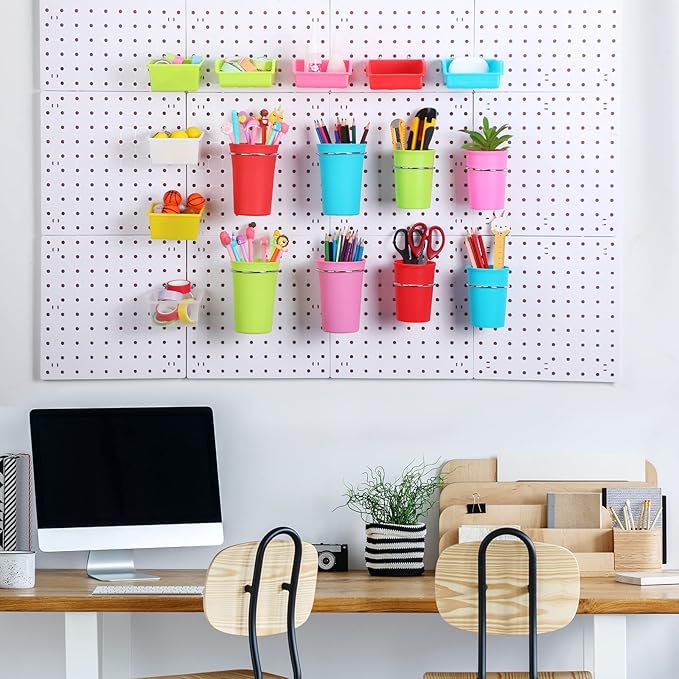 Sieral 64 Pieces Pegboard Bins Pegboard Cups with Hooks and Loops Peg Hooks Assortment Organizer Accessory for Organizing Acc