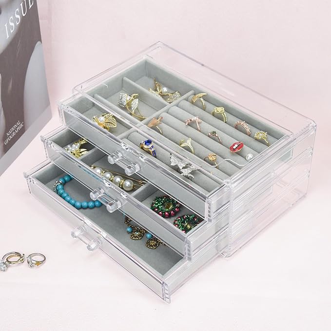 Weiai Acrylic Jewelry Box 3 Drawers, Velvet Jewellery Organizer, Earring Rings Necklaces Bracelets Display Case Gift for Wome
