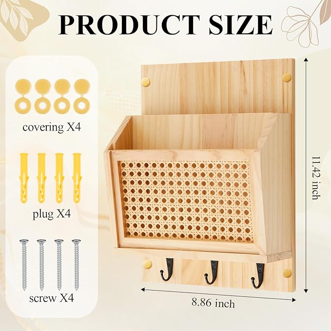 Rattan Mail and Key Holder Wall Mounted, Wood Magazine Mail Sorter Rack Wall Organizer with 2 Slots 3 Hooks for Coat, Dog Lea