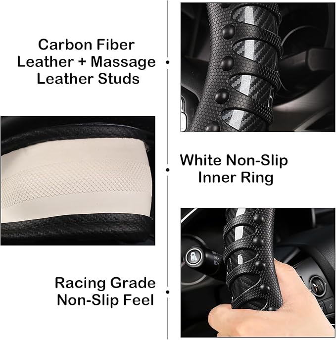 3D Massage Car Steering Wheel Cover,14.5-15 Inch Universal Black Carbon Fibre Leather Covers Breathable Anti-Slip Odorless St