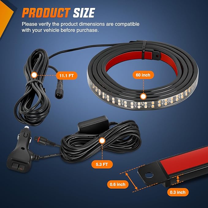 Nilight 60 Inch Truck Tailgate Strobe Light Strip Tail Emergency Bar Rear Window Warning Lamp Ultra-Bright Double Row 360 LED for Pickup Trailers Construction Vehicles Car SUV, Amber