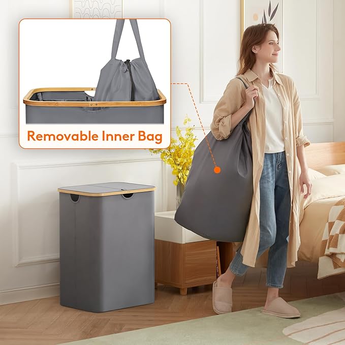 Lifewit 150L Laundry Basket with Lid, Clothes Hampers for Laundry with Bamboo Handles and 2 Removable Bags, Large Foldable La