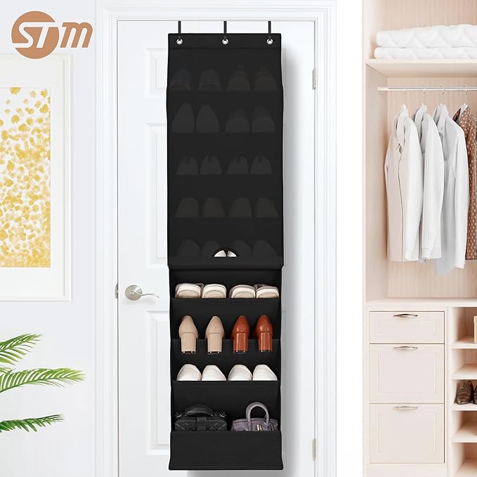 STORAGE MANIAC Over the Door Shoe Organizer with Curtain Dustproof Heavy-Duty Large Deep Pocket Hanging Shoe Organizer for Cl