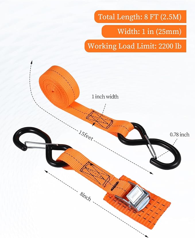 Upgraded 1'' x 8' Tie Down Straps, Cargo Roof Rack Strap Cam Buckle with Hooks, Heavy Duty Secure Strap, Orange - Pack of 2