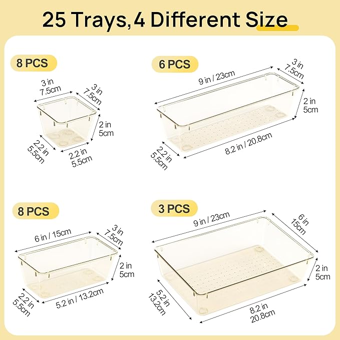 Vtopmart 25 PCS Clear Plastic Drawer Organizers Set, 4-Size Versatile Bathroom and Vanity Drawer Organizer Trays, Storage Bin